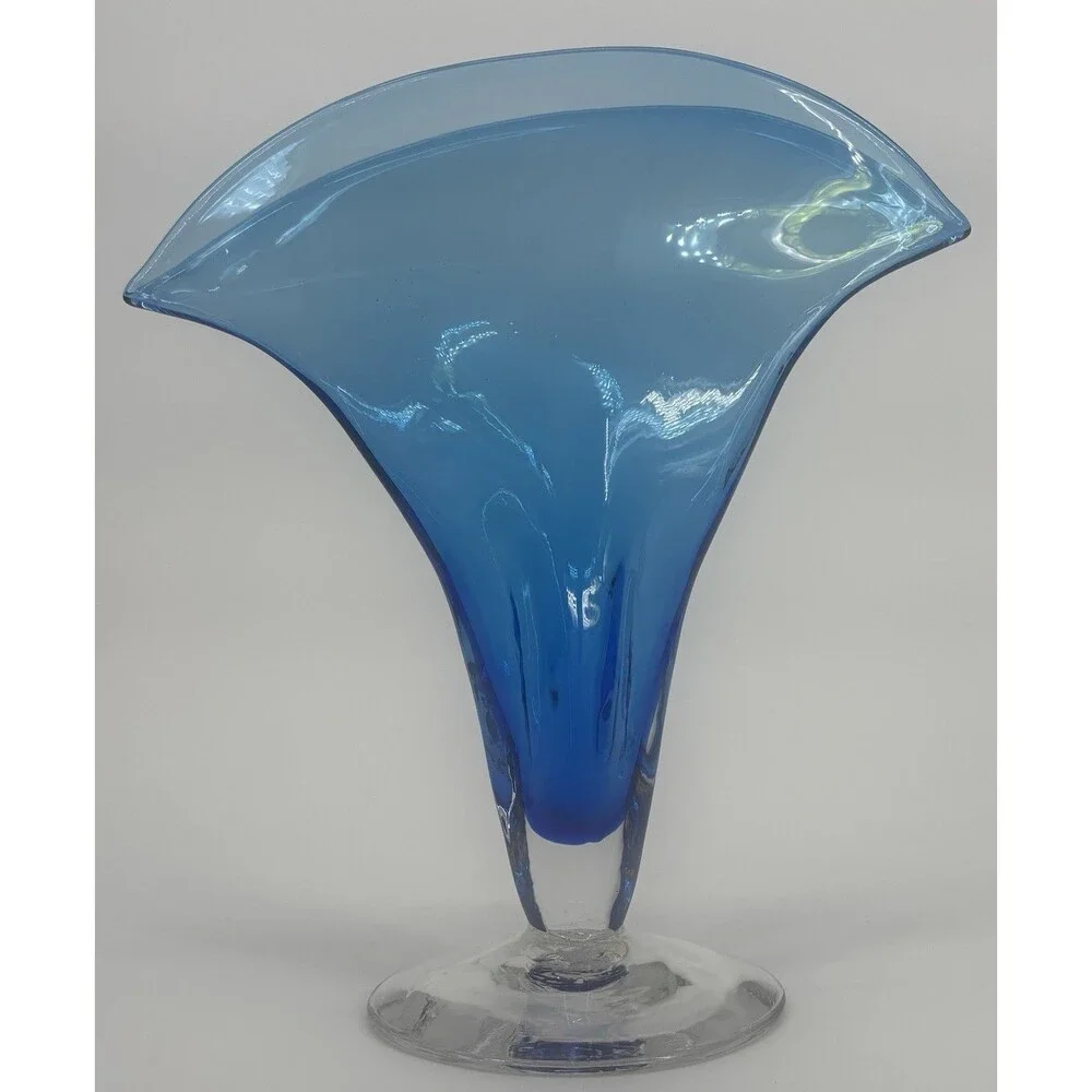 Vintage Blenko Blue & Clear Base Art Fan Glass Vase Hand Blown #872
